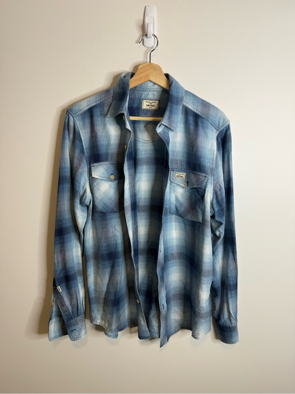 Men's Blue Plaid Button-Down Shirt - Casual Long Sleeve size small kimes ranch